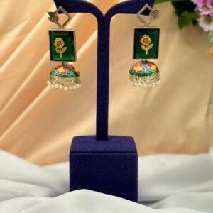 Oxidized Stone Earrings with Meenakari Jumka